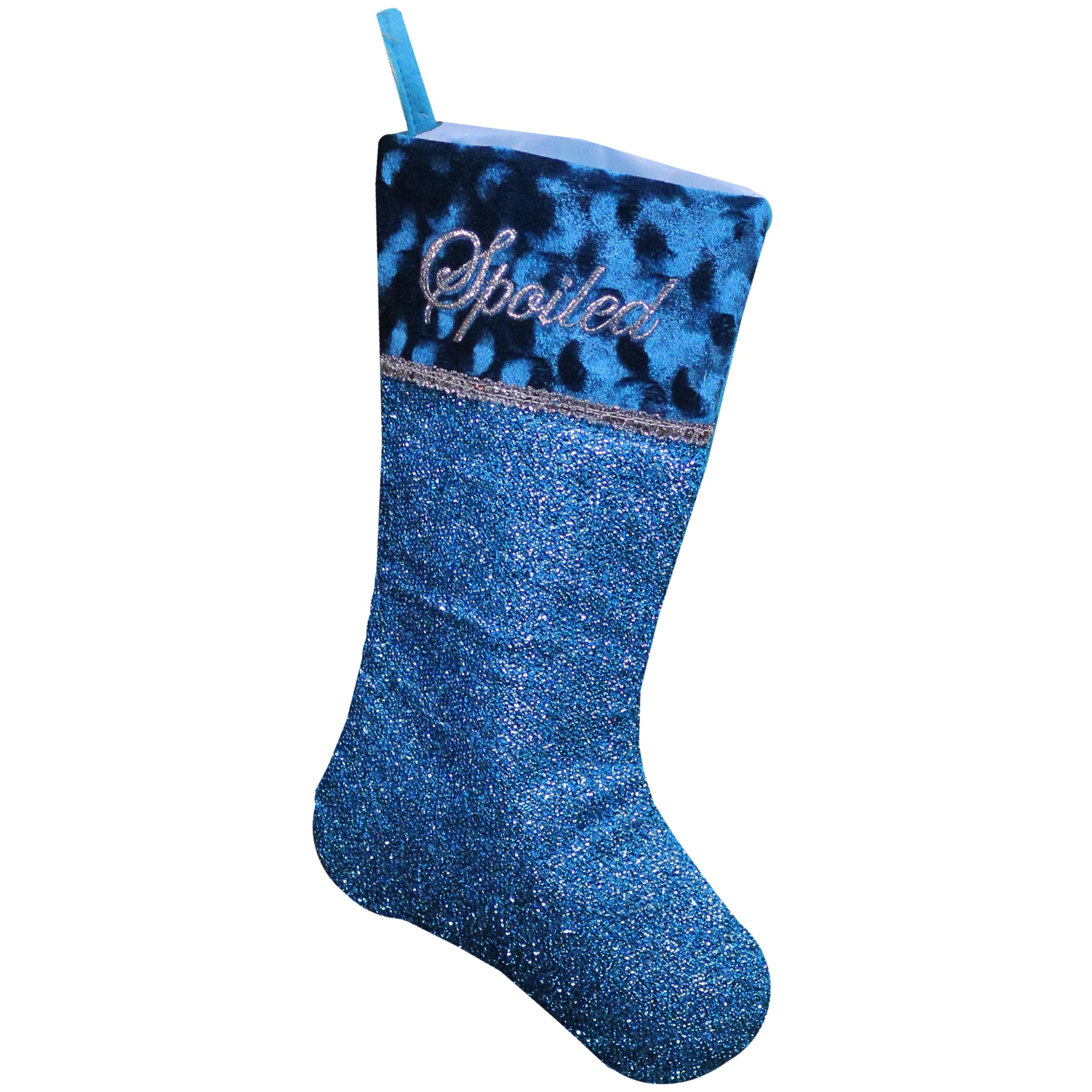 17" Metallic Blue Embroidered  "Spoiled" Christmas Stocking with Shadow Velveteen Cuff