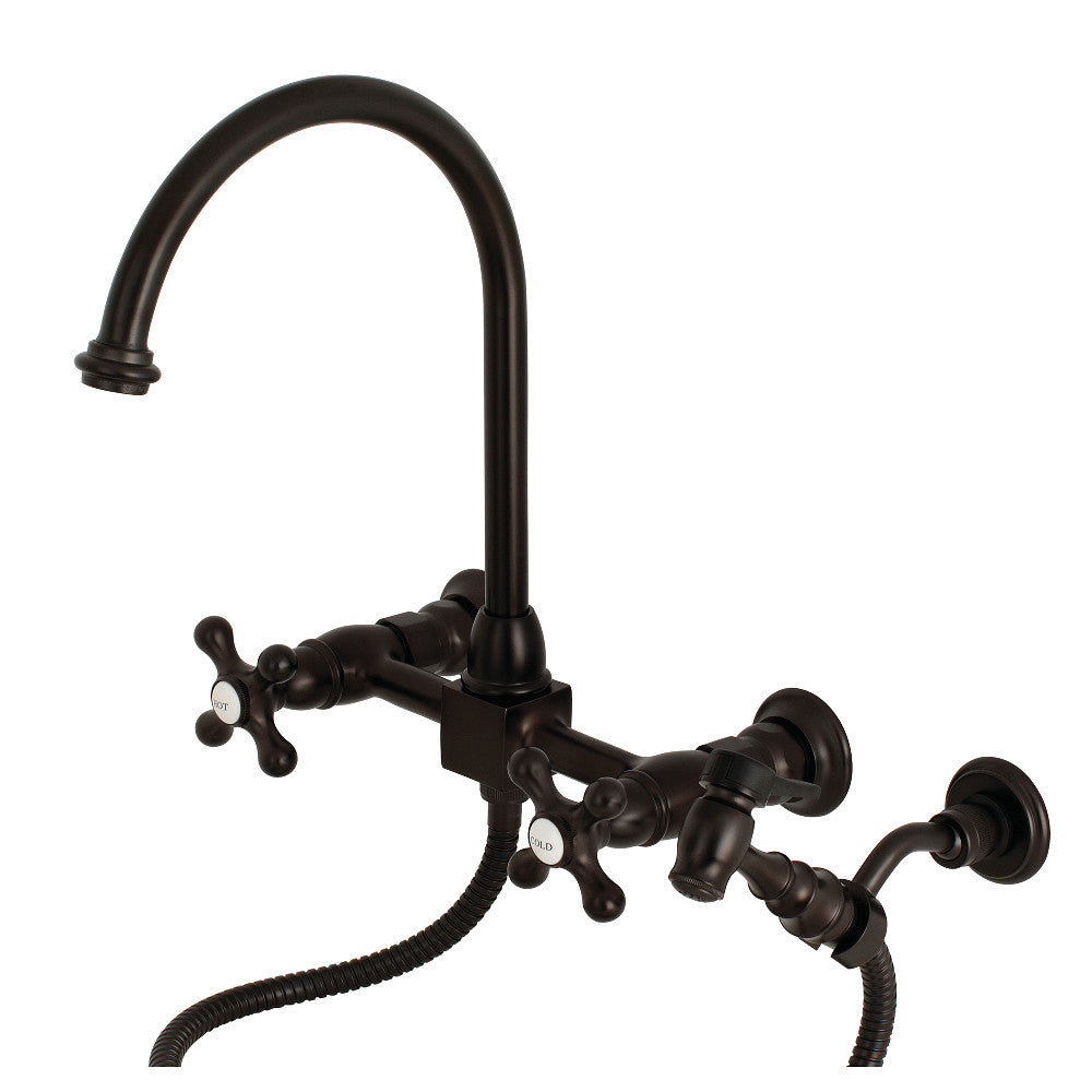 Restoration Wall Mount Bridge Kitchen Faucet In 8.1" Spout Reach With Brass Sprayer