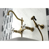 Heritage Double Handle Wall Mount Bridge Kitchen Faucet With Brass Sprayer In 8.2" Spout Reach