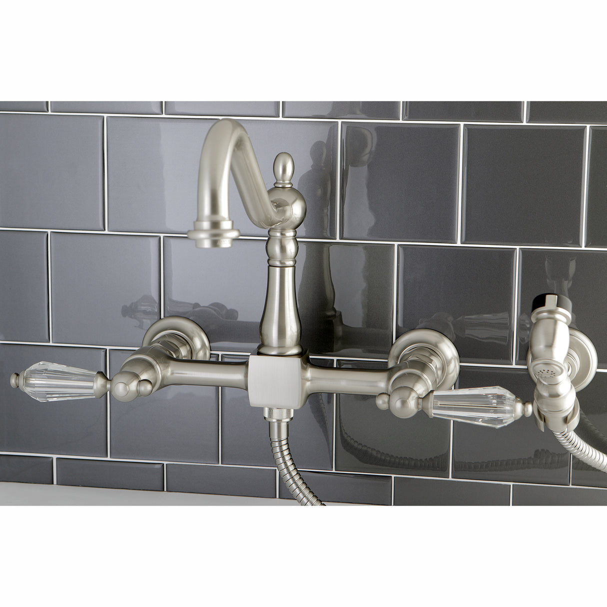 Wilshire Wall Mount Bridge Kitchen Faucet with Brass Sprayer