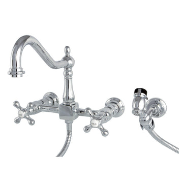 Heritage Two-Handle Wall Mount Bridge Kitchen Faucet With Brass Sprayer