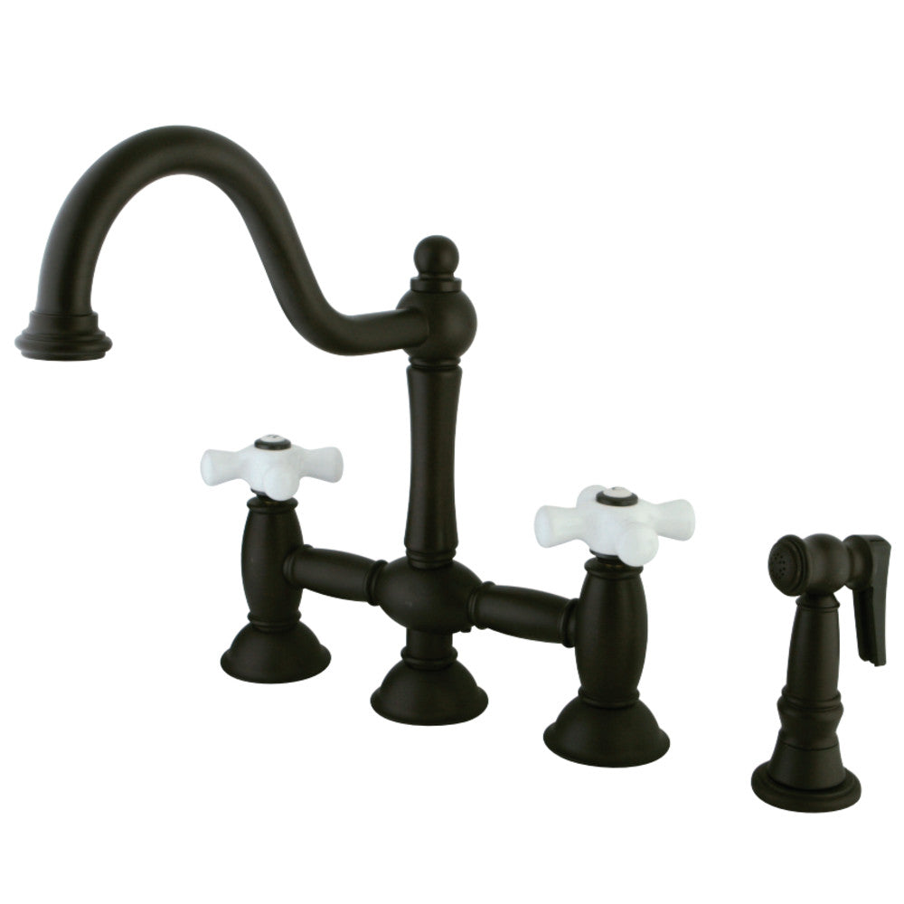 Restoration Bridge Kitchen Faucet With Brass Sprayer In 9" Spout Reach