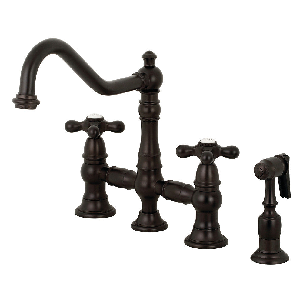 Restoration 8" Bridge Kitchen Faucet With Sprayer Includes Cross Handles For Easy Rotation