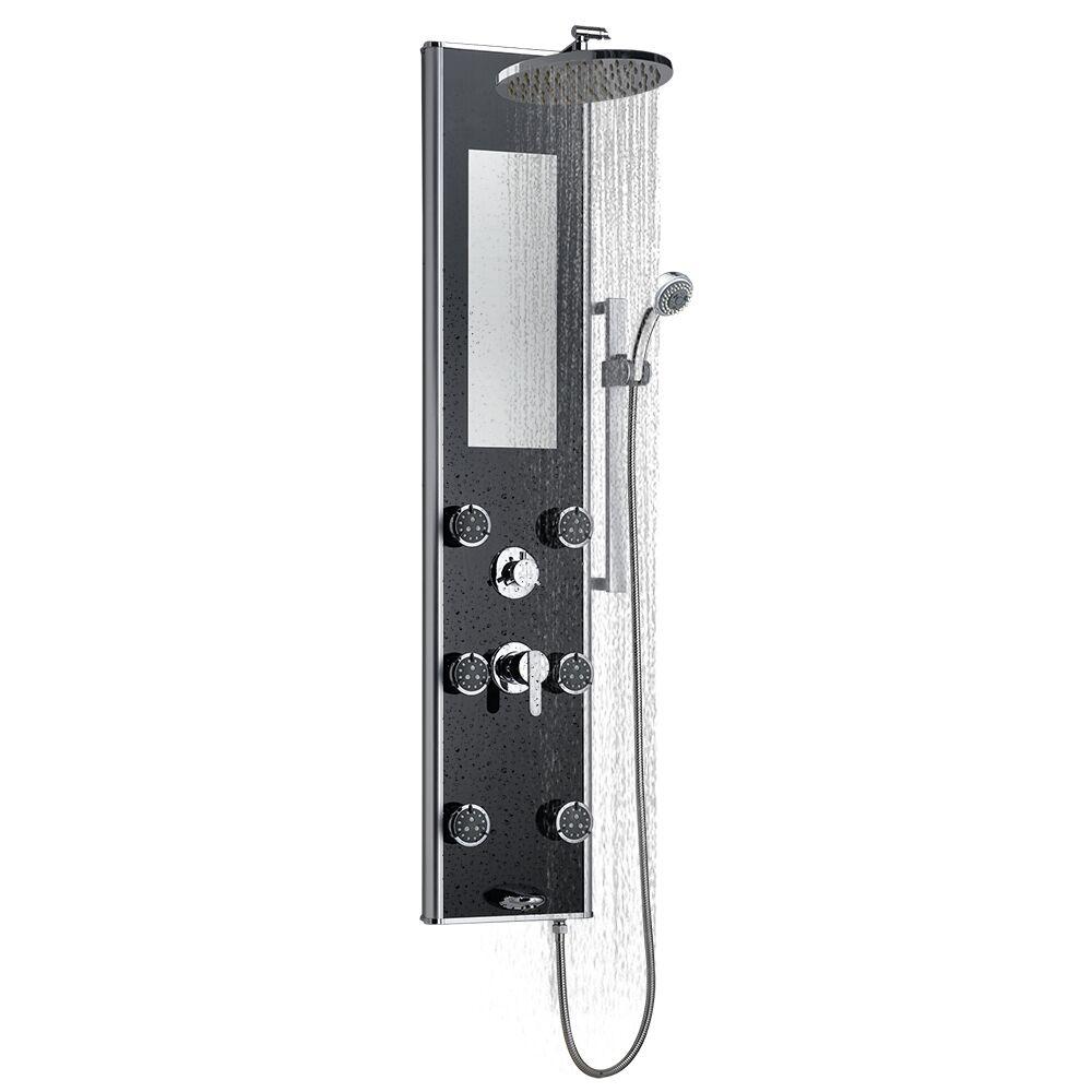 ShowerSpa Panel W/ 8" Rain Leilani Showerhead - 6 Dual-Function Body Spray Jets - Black 5/16" Tempered Tough Glass - Anodized Aluminum Frame