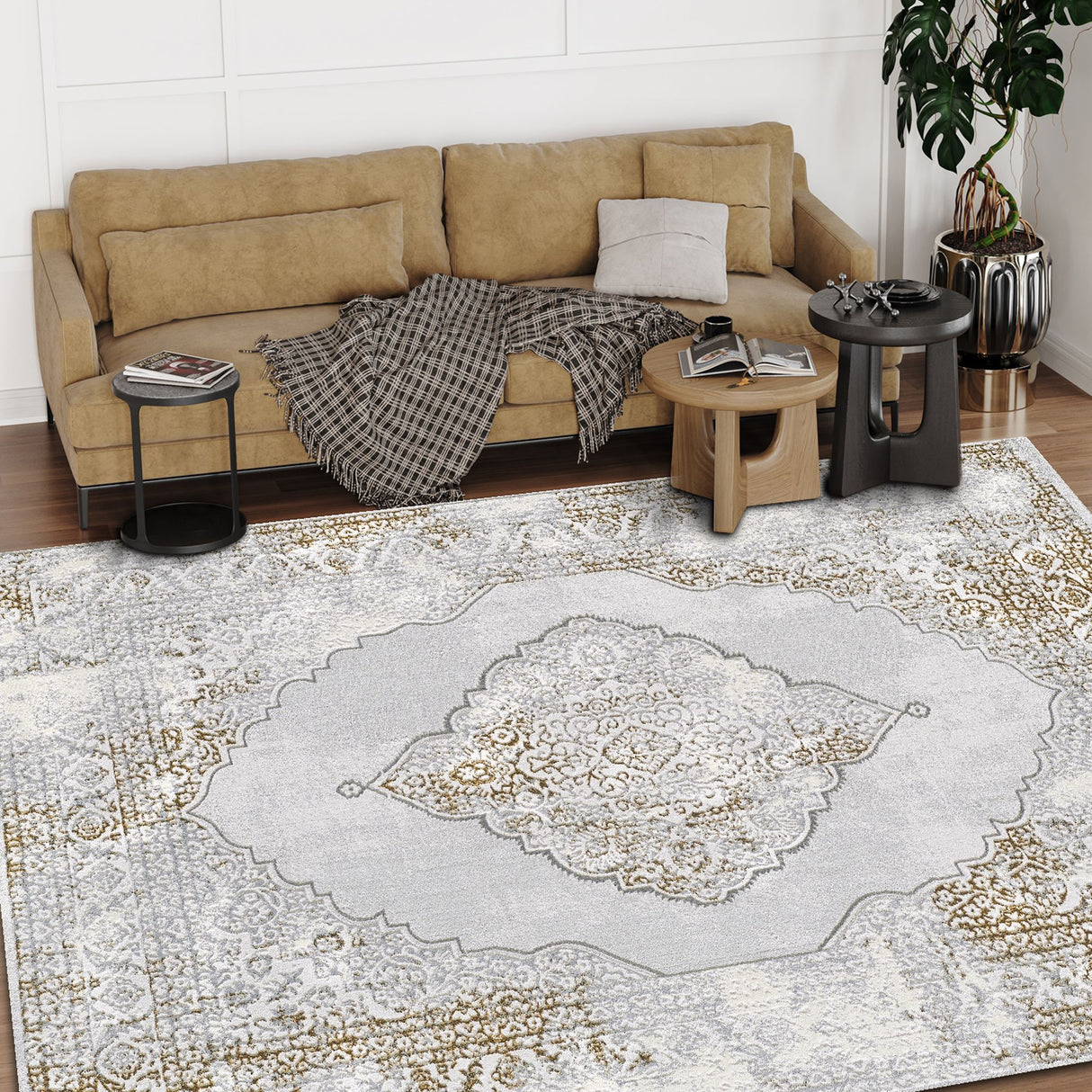 Regency-957 Area Rugs Rectangle Gold Chrome 5-X-7