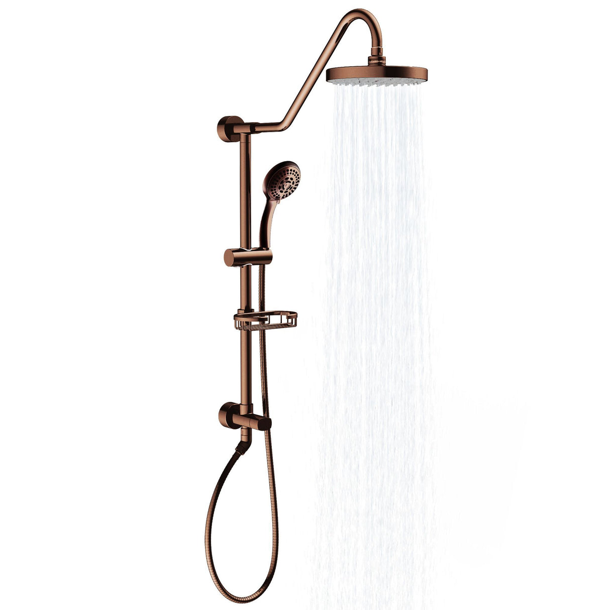 Rain Shower System W/ 8" Showerhead - Brass - Adjustable Brass Slider - Surface Mounted 5-Function Hand Shower