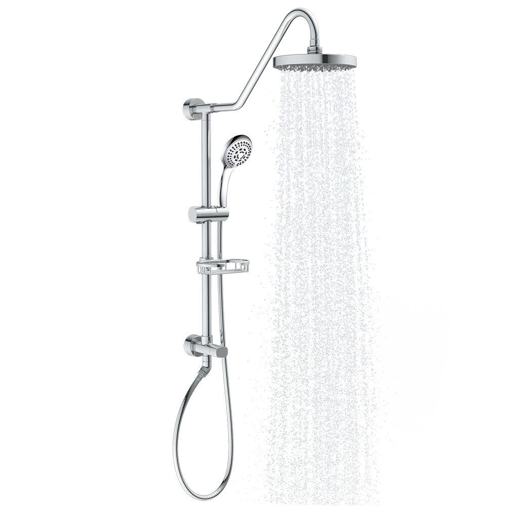 Rain Shower System W/ 8" Showerhead - Brass - Adjustable Brass Slider - Surface Mounted 5-Function Hand Shower