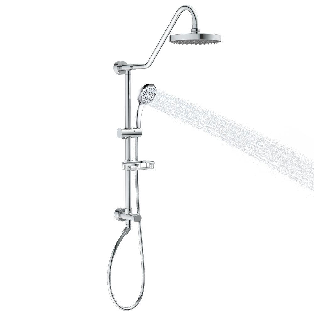 Rain Shower System W/ 8" Showerhead - Brass - Adjustable Brass Slider - Surface Mounted 5-Function Hand Shower