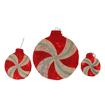 Set of 3 Peppermint Twist Lighted Red Glitter Sisal Christmas Window Decorations