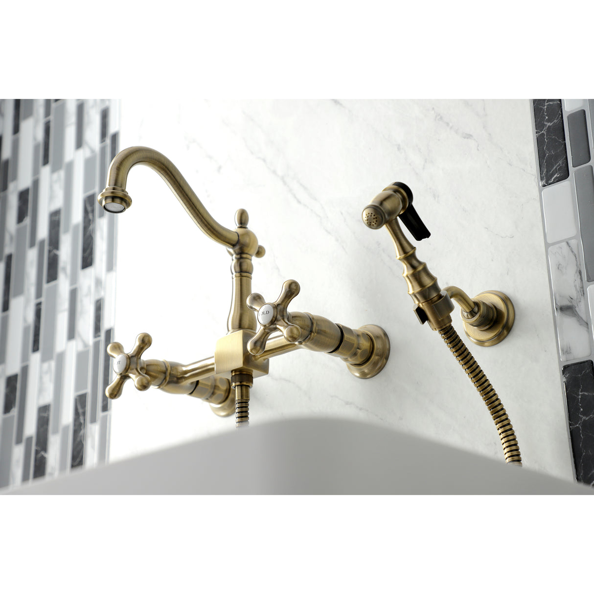 Heritage Wall Mount Bridge Kitchen Faucet with Brass Sprayer