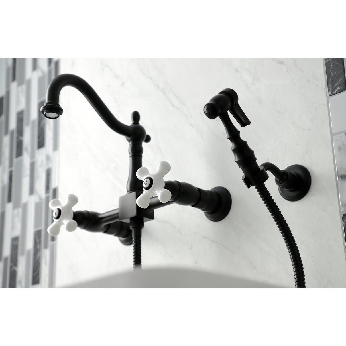 Heritage Wall Mount Bridge Kitchen Faucet W/ Brass Sprayer