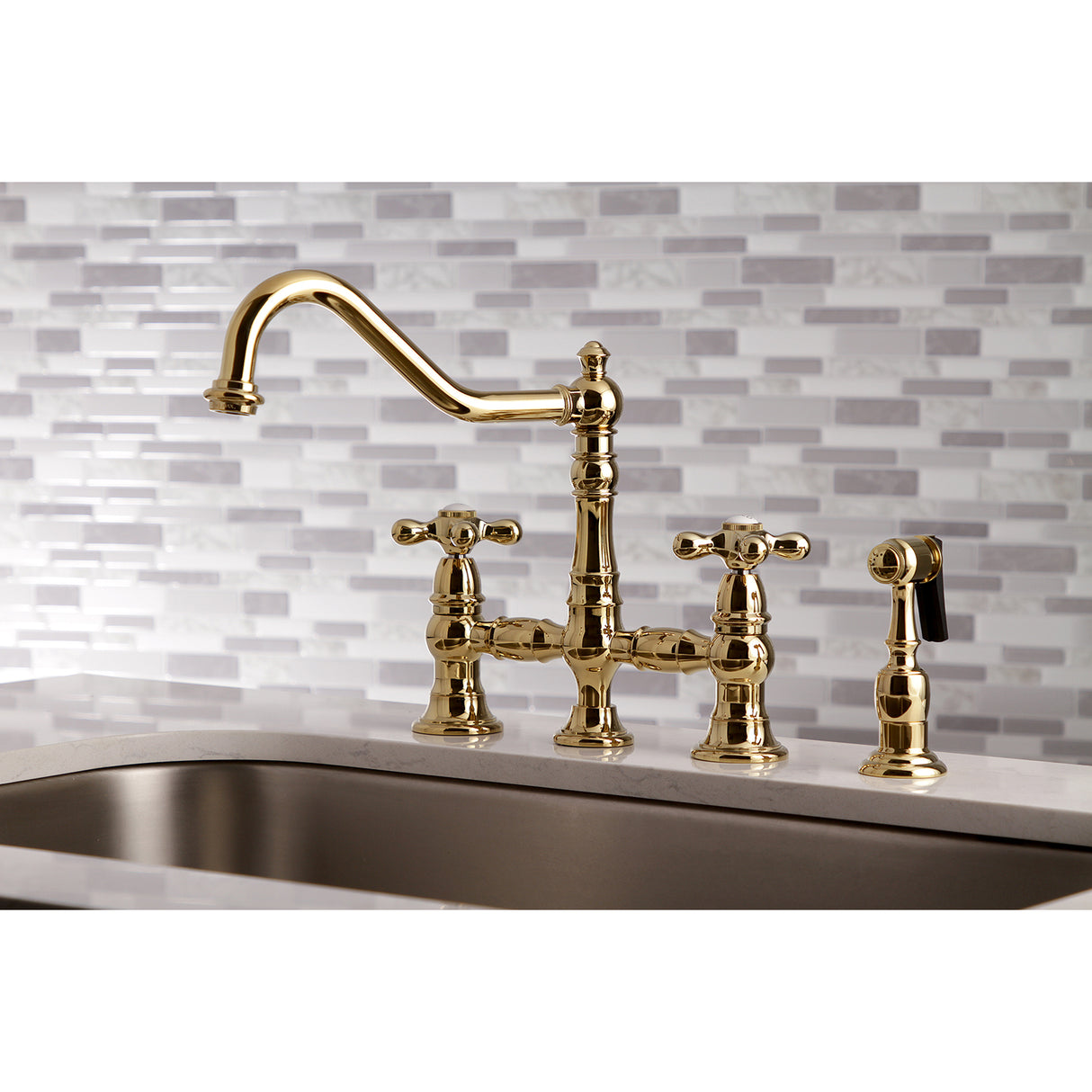 Restoration 8" Bridge Kitchen Faucet With Sprayer Includes Cross Handles For Easy Rotation