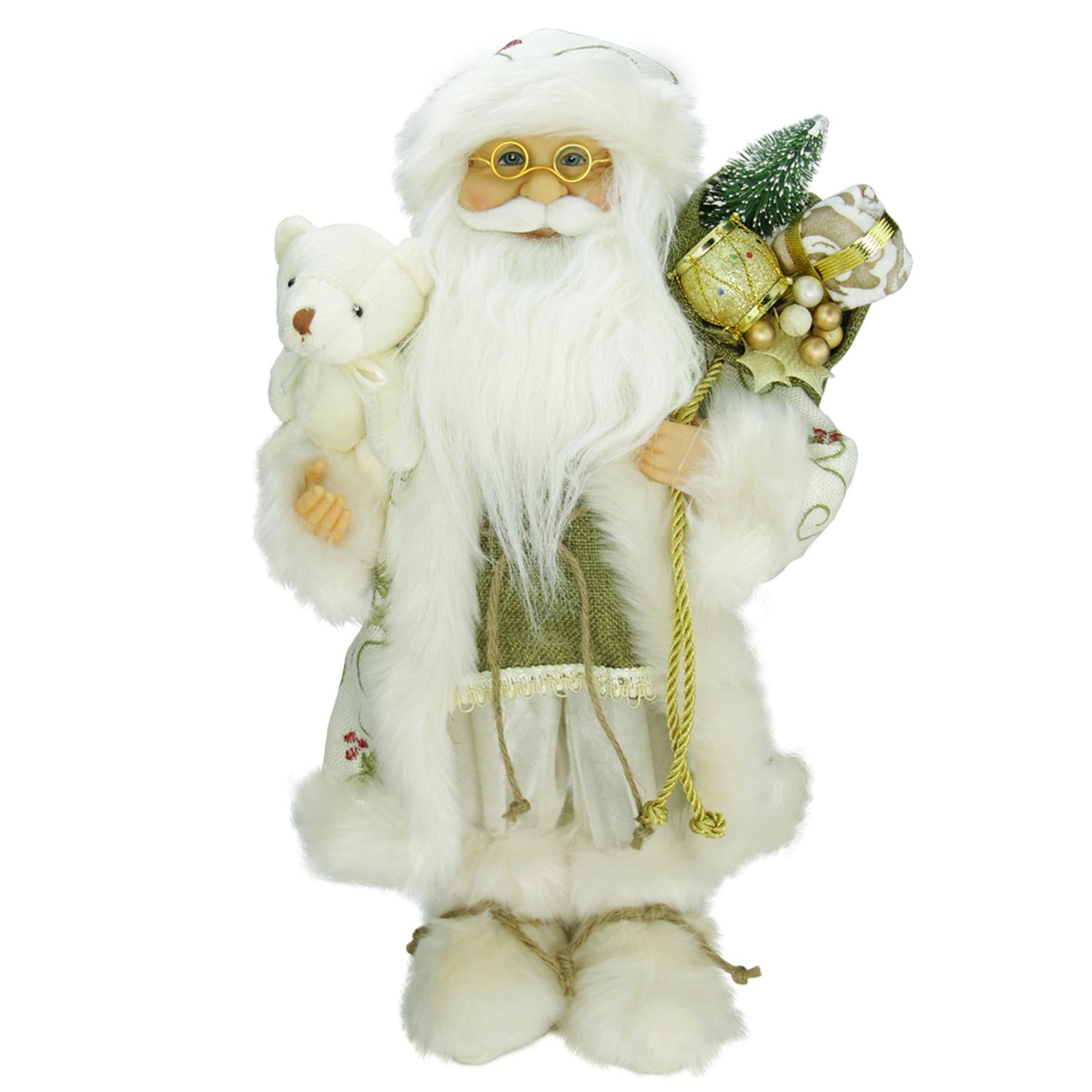 16" Graceful Standing Santa Claus Christmas Figure in Ivory with Teddy Bear