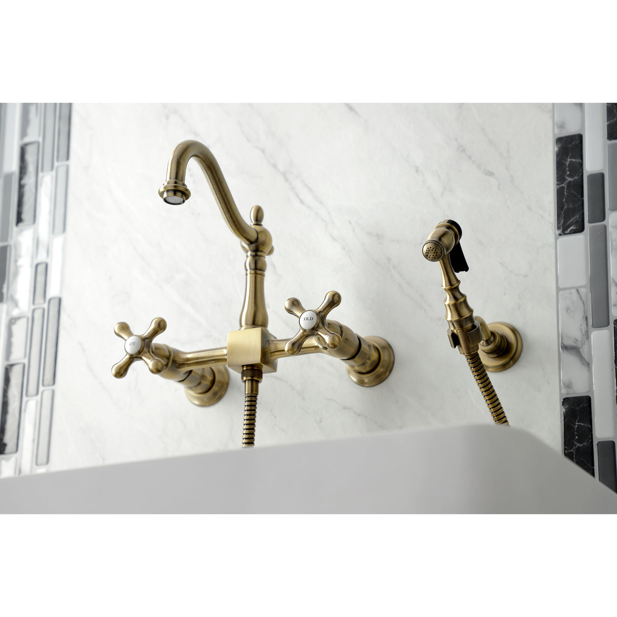 Heritage Wall Mount Bridge Kitchen Faucet with Brass Sprayer