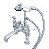 Vintage 7" Deck Mount Tub Faucet With Hand Shower In 6" Spout Reach & Procelain Lever Handle