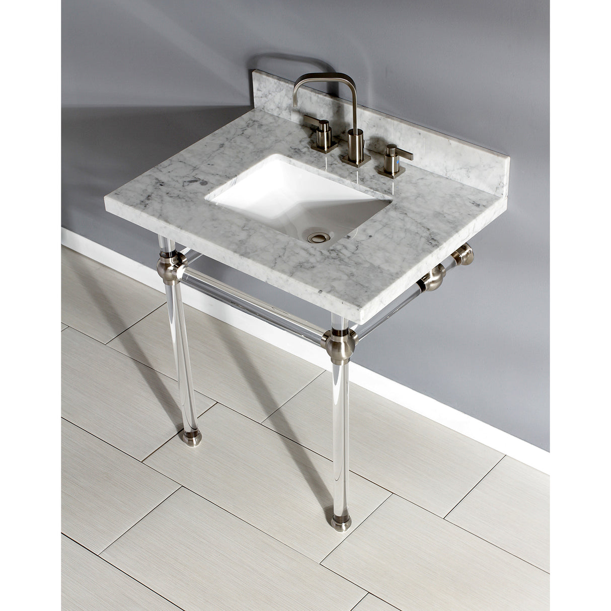 Templeton 30" x 22" Carrara Marble Vanity Top with Clear Acrylic Console Legs