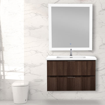Conques Modern Floating / Wall Mounted Bathroom Vanity Set w/ Wood Cabinet and Cultured Marble Vanity Top with White Basin & LED Mirror