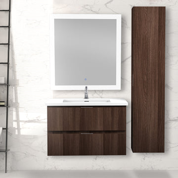 Conques Floating / Wall Mounted Bathroom Vanity Set w/ Wood Cabinet, Vanity Top in White with White Basin, LED Mirror and Side Cabinet