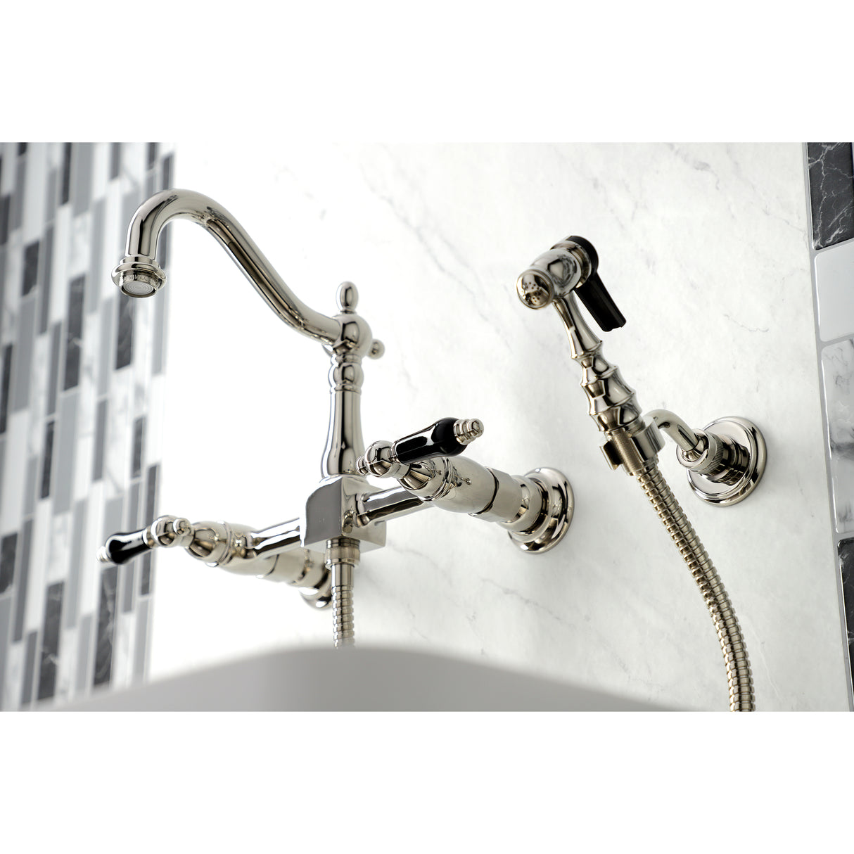 Duchess Wall Mount Traditional Bridge Kitchen Faucet with Brass Sprayer - BUILDMYPLACE