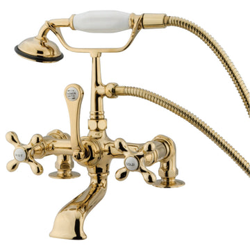 Vintage 7" Deck Mount Clawfoot Tub Faucet With Hand Shower & Metal Cross Handle In 6.75" Spout Reach