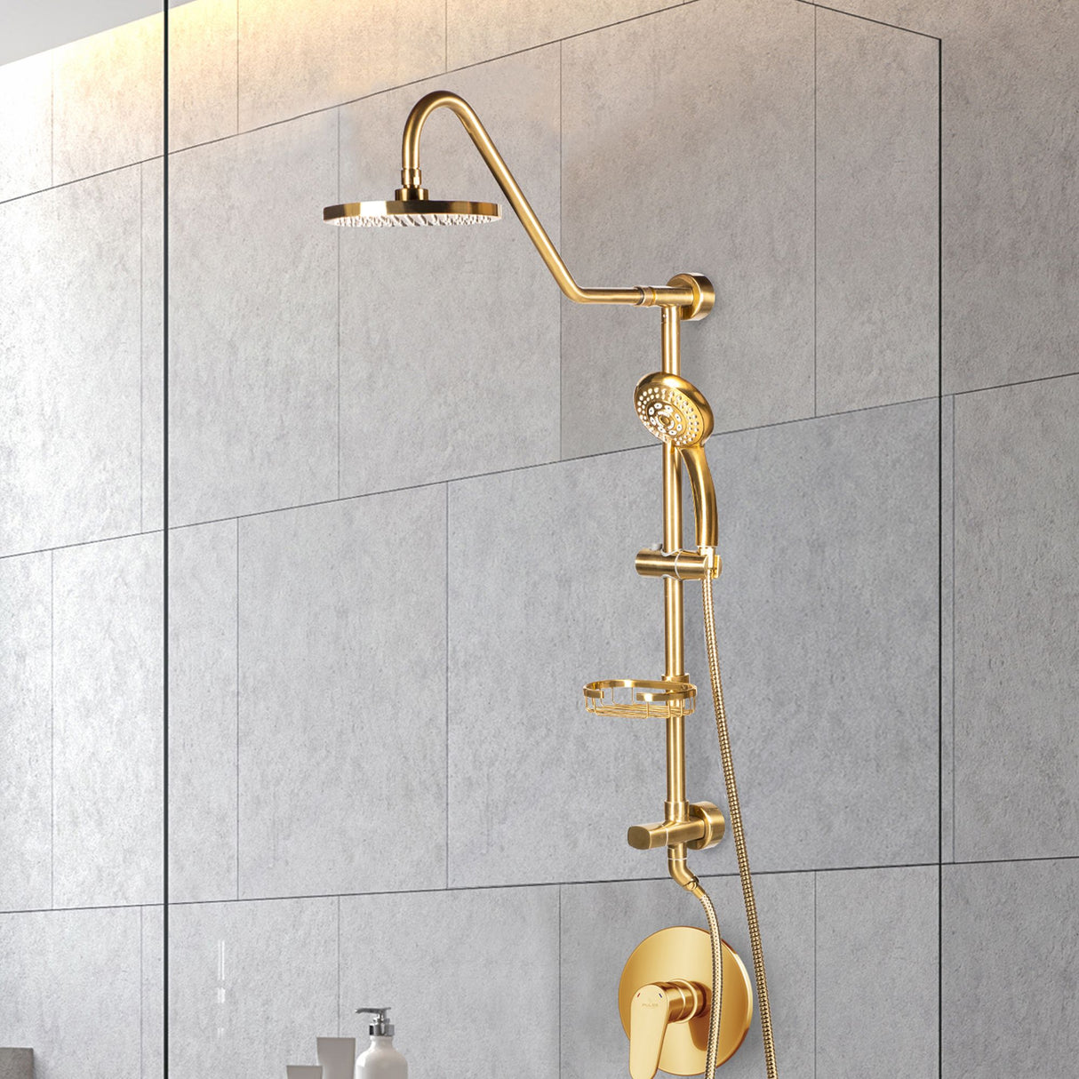 Rain Shower System W/ 8" Showerhead - 36.25"H X 8"W X 23.75"D - Brass - Adjustable Brass Slider - Surface Mounted Shower Systems