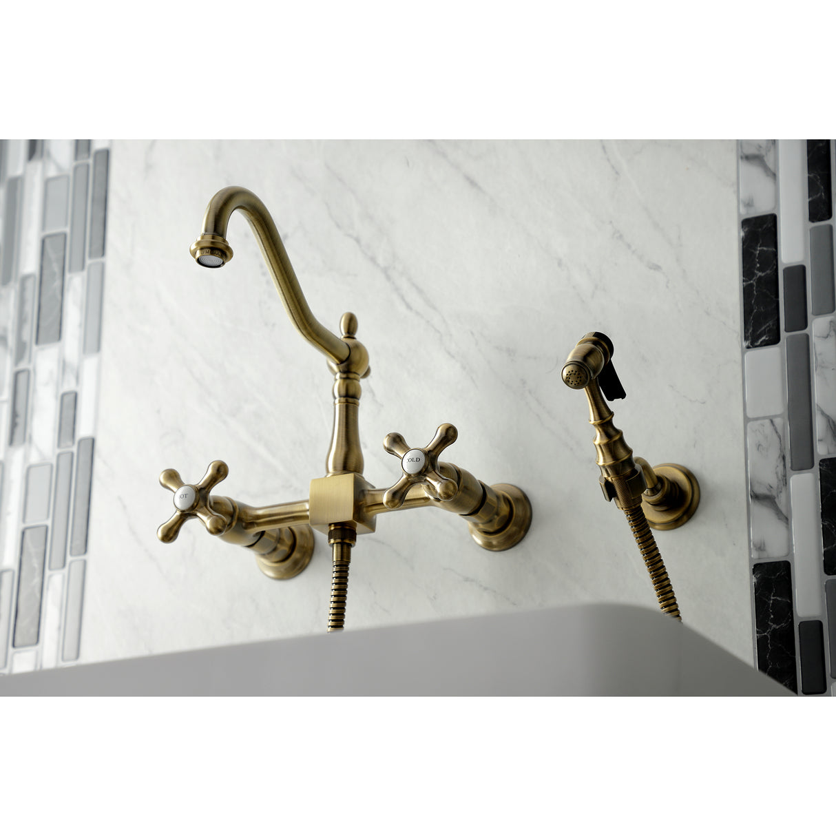 Heritage Two-Handle Wall Mount Bridge Kitchen Faucet With Brass Sprayer