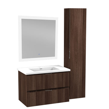 Conques Floating / Wall Mounted Bathroom Vanity Set w/ Wood Cabinet, Vanity Top in White with White Basin, LED Mirror and Side Cabinet