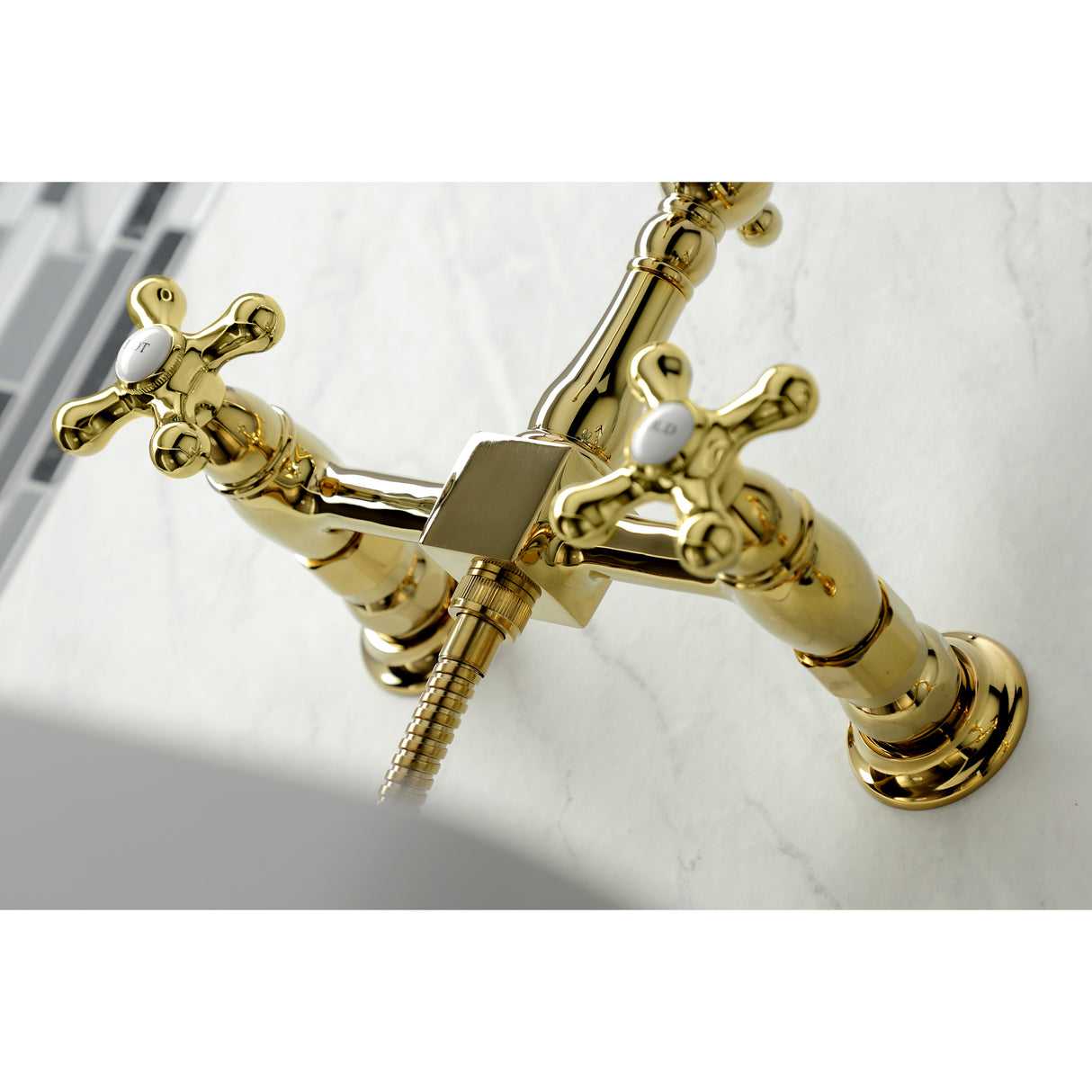 Heritage Wall Mount Bridge Kitchen Faucet with Brass Sprayer