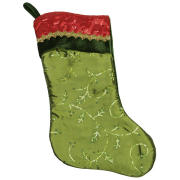 20" Red and Green Leaf Christmas Stocking with Wavy Sequined Cuff