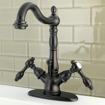 Tudor Two-handle Single Hole Deck Mount Bathroom Sink Faucet with Brass Pop Up and Cover Plate