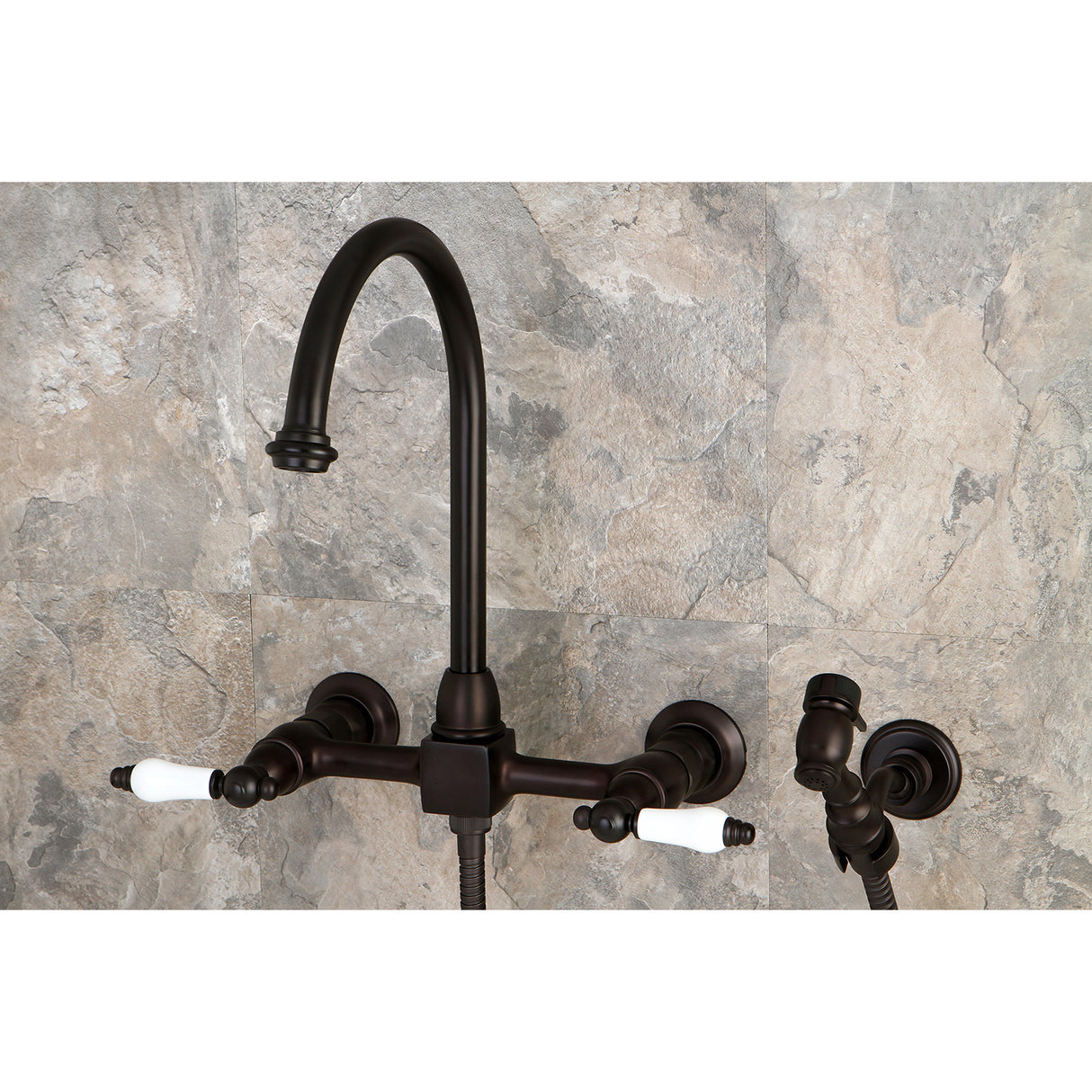 Restoration Wall Mount Bridge Kitchen Faucet with Brass Sprayer