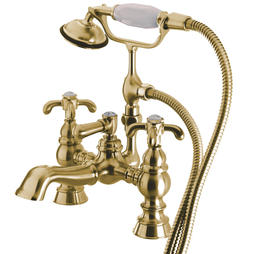 Vintage 7" Deck Mount Tub Faucet With Hand Shower In 6" Spout Reach, Metal Cross Handles
