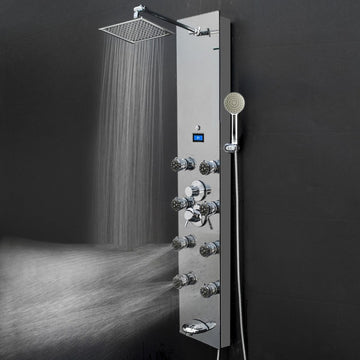 55 in. 8-Jet Stainless Steel Aluminum/Glass Shower Panel Systems With Adjustable Rainfall Showerhead, Round Handheld Shower,LED Temperature Display, Self-Cleaning & Jet Massage Feature