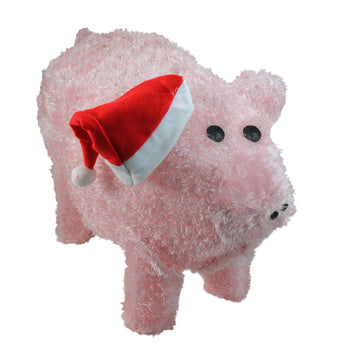 28" Pre-Lit LED Outdoor Chenille Pig in Santa Hat Christmas Outdoor Decoration
