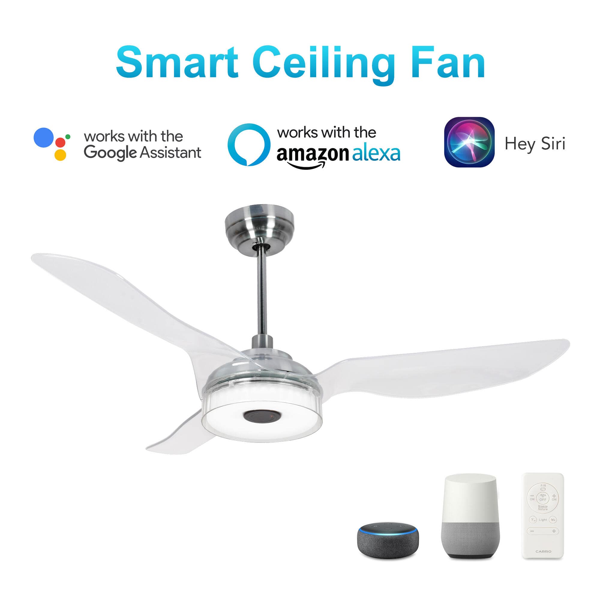 Icebreaker 52" In. Silver/Transclucent 3 Blade Smart Ceiling Fan with Dimmable LED Light Kit Works with Remote Control, Wi-Fi apps and Voice control via Google Assistant/Alexa/Siri