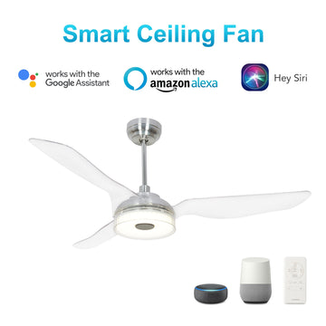 Icebreaker 56" In. Silver/Transclucent 3 Blade Smart Ceiling Fan with Dimmable LED Light Kit Works with Remote Control, Wi-Fi apps and Voice control via Google Assistant/Alexa/Siri (Set of 2)
