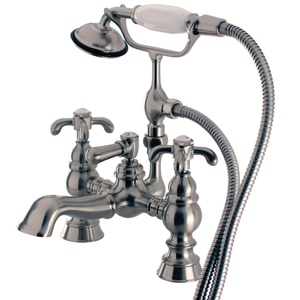 Vintage 7" Deck Mount Tub Faucet With Hand Shower In 6" Spout Reach, Metal Cross Handles