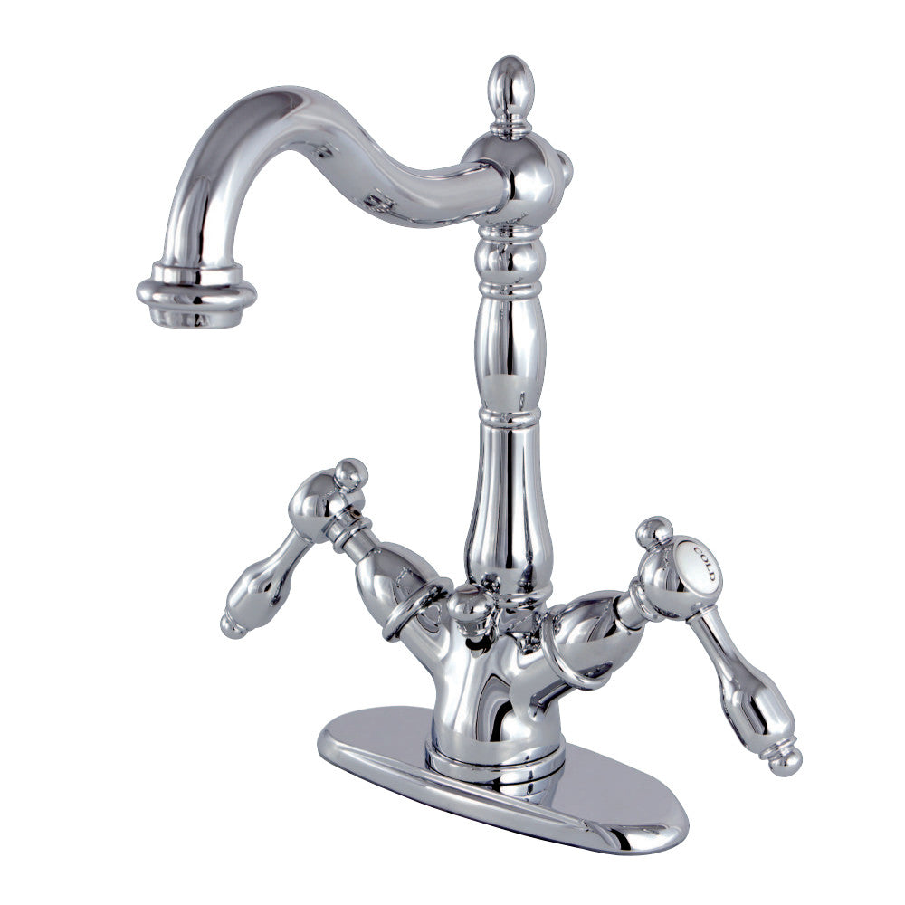 Tudor Two-handle Single Hole Deck Mount Bathroom Sink Faucet with Brass Pop Up and Cover Plate