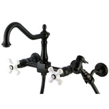 Heritage Double Handle Wall Mount Bridge Kitchen Faucet With Brass Sprayer In 8.2" Spout Reach