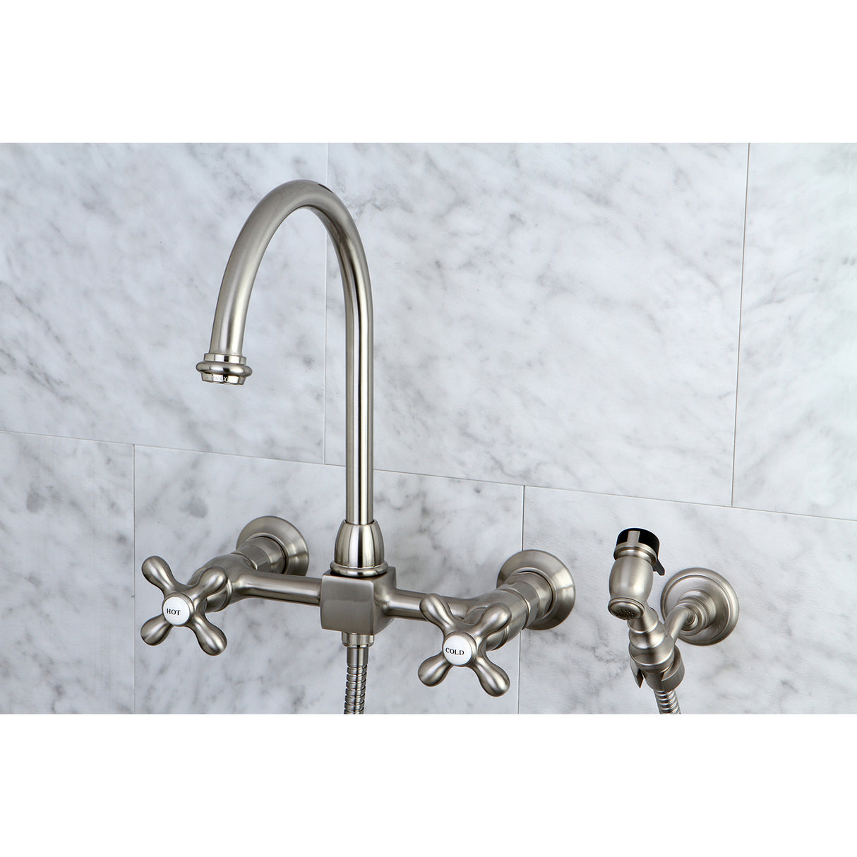 Restoration Wall Mount Bridge Kitchen Faucet In 8.1" Spout Reach With Brass Sprayer