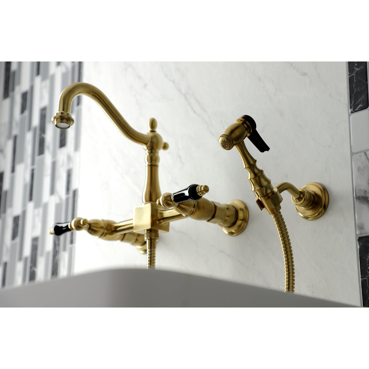 Duchess Wall Mount Traditional Bridge Kitchen Faucet with Brass Sprayer - BUILDMYPLACE