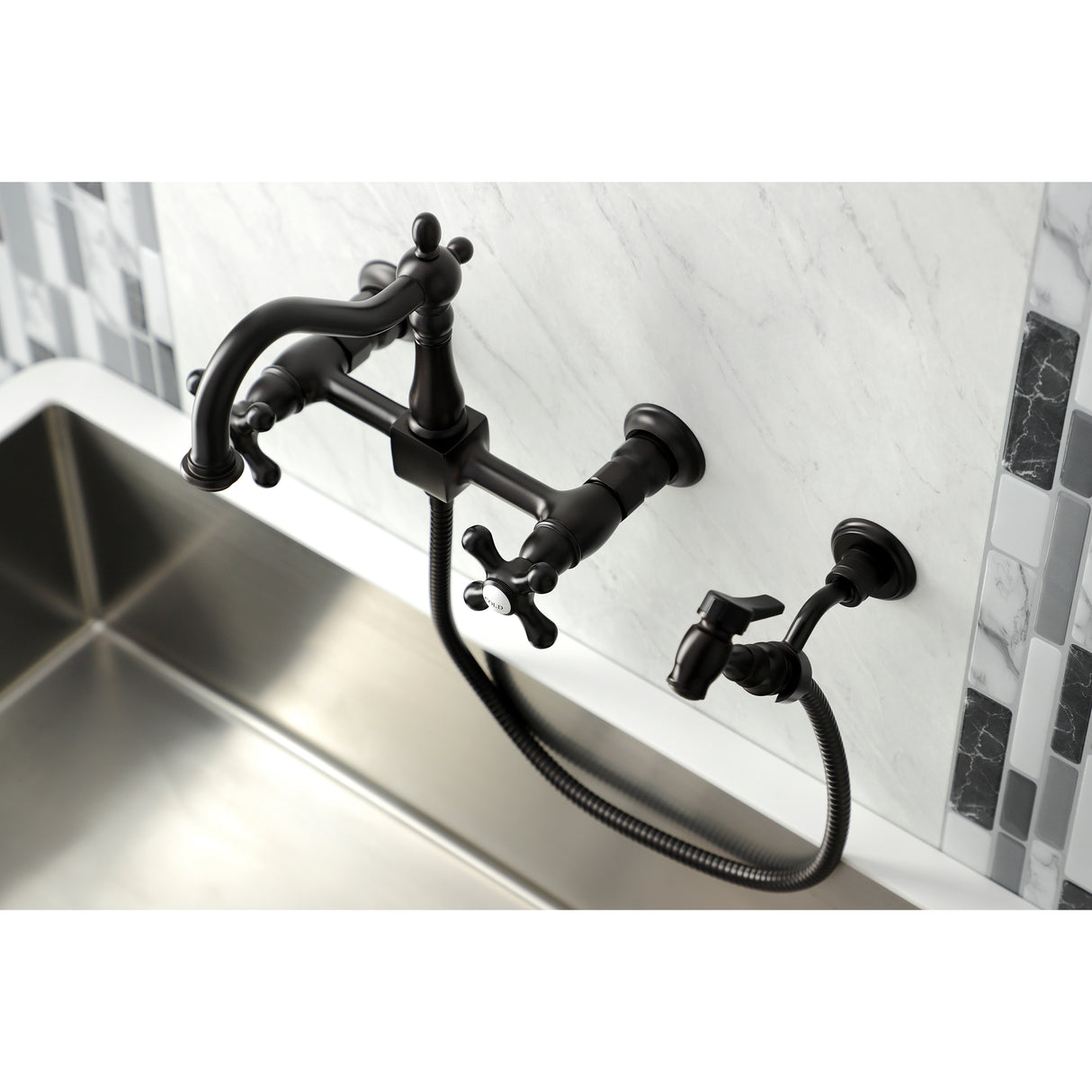 Heritage Wall Mount Bridge Kitchen Faucet with Brass Sprayer