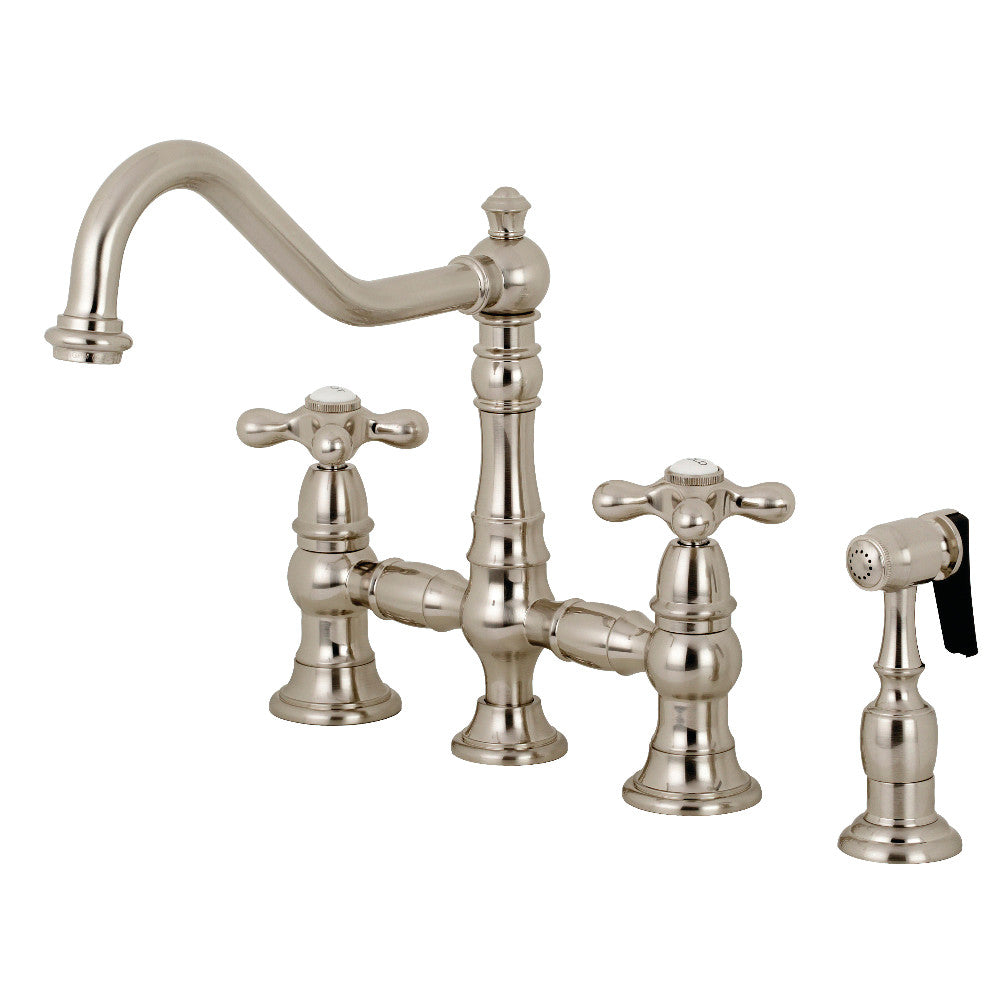 Restoration 8" Bridge Kitchen Faucet With Sprayer Includes Cross Handles For Easy Rotation