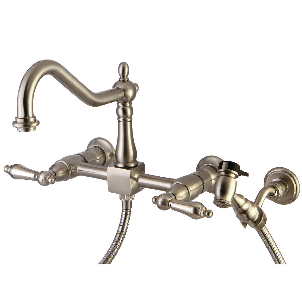 Heritage Two Handle Wall Mount Bridge Kitchen Faucet With Side Brass Sprayer