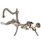 Heritage Two Handle Wall Mount Bridge Kitchen Faucet With Side Brass Sprayer