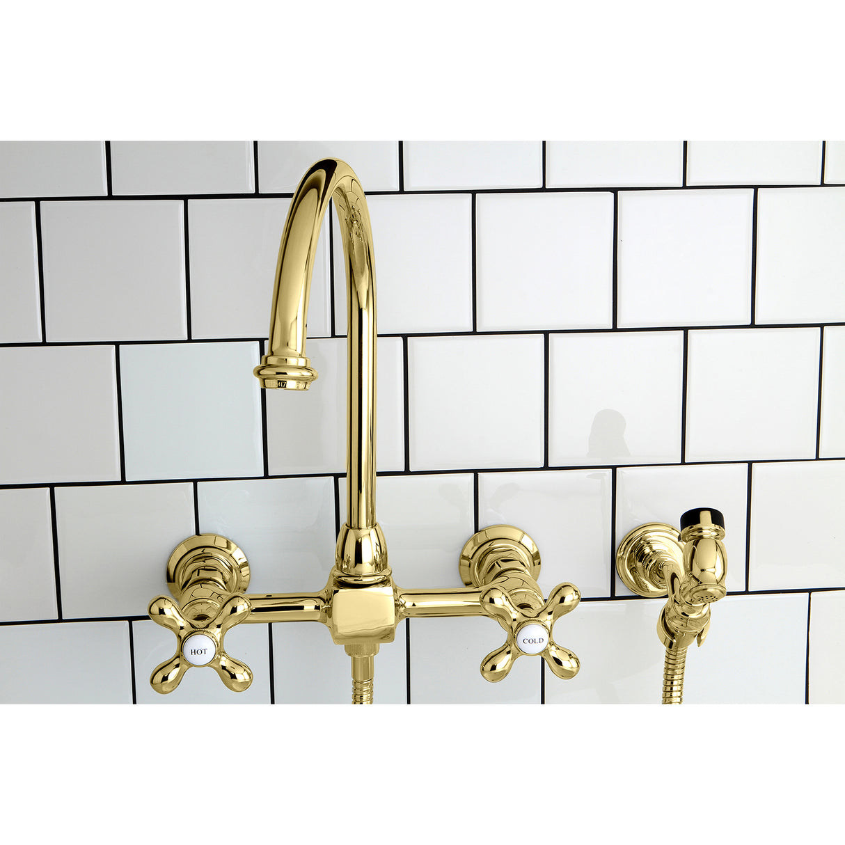 Restoration Wall Mount Bridge Kitchen Faucet In 8.1" Spout Reach With Brass Sprayer