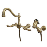 Heritage Two Handle Wall Mount Bridge Kitchen Faucet With Side Brass Sprayer