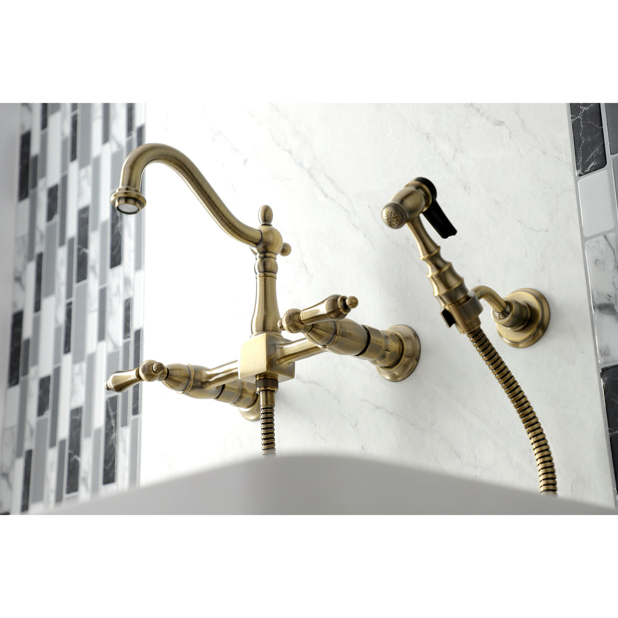 Heritage Traditional Wall Mount Bridge Kitchen Faucet with Brass Sprayer