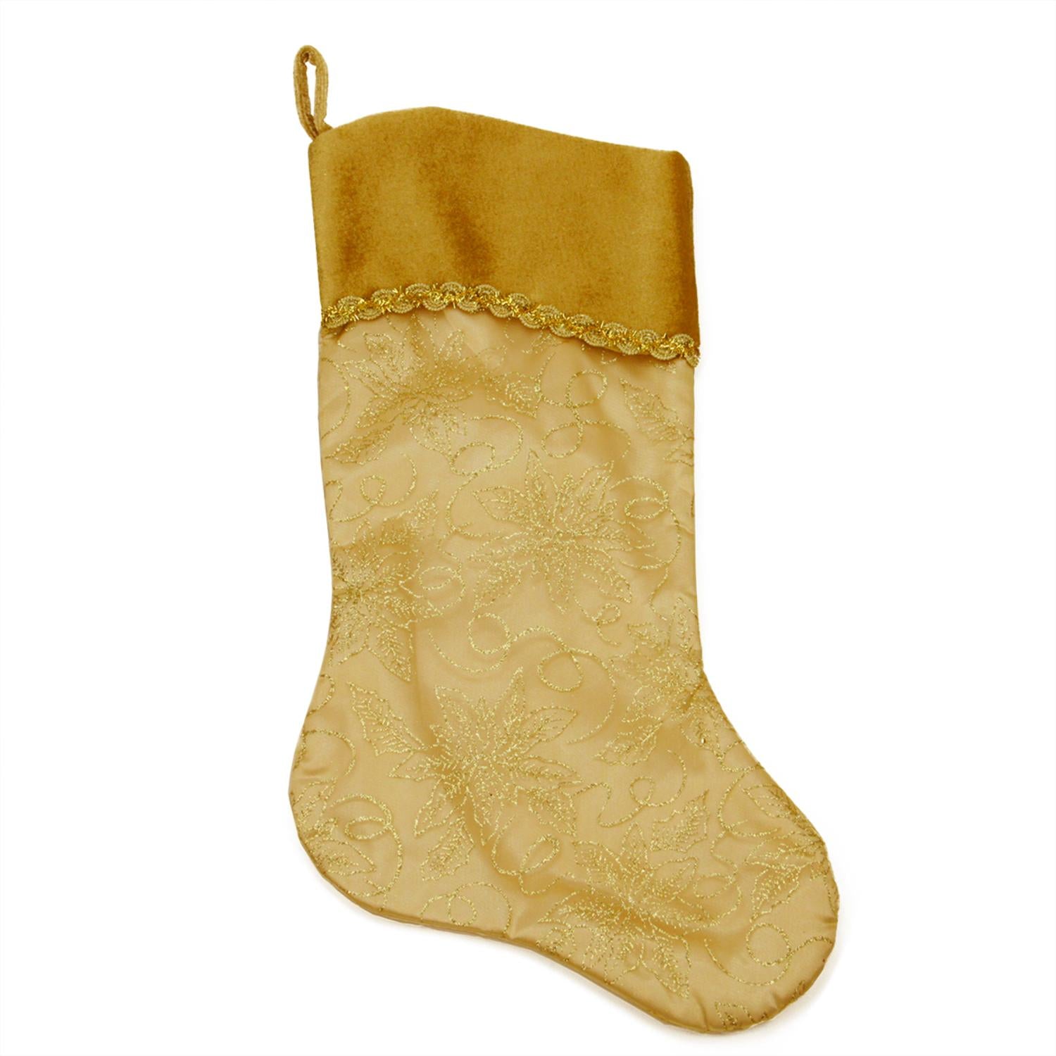 20" Gold Glittered Poinsettia Christmas Stocking with Shadow Velveteen Cuff
