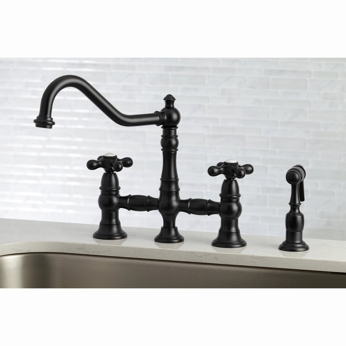 Restoration 8" Bridge Kitchen Faucet With Sprayer Includes Cross Handles For Easy Rotation